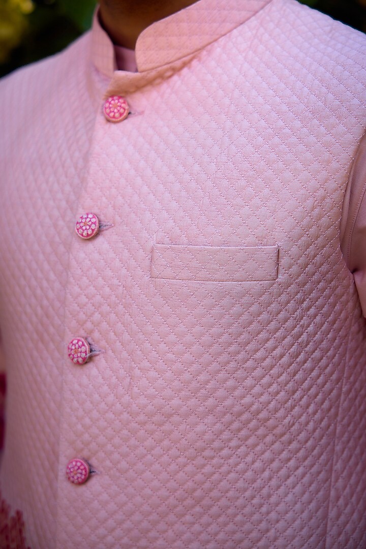 Cloud Pink Cotton Silk Handblock Printed Bundi Jacket Set by Shyam Narayan Prasad Men at Pernia's Pop Up Shop