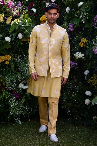 Lemon Yellow Cotton Silk Thread Embroidered Bundi Jacket Set by Shyam Narayan Prasad Men