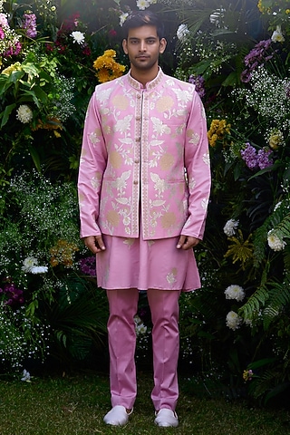 Orchid Pink Cotton silk Thread Embroidered Bundi Jacket Set by Shyam Narayan Prasad Men
