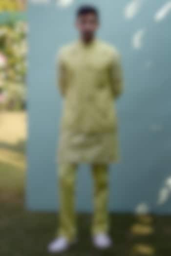 Canary Yellow Chanderi Handblock Printed Bundi Jacket Set by Shyam Narayan Prasad Men at Pernia's Pop Up Shop
