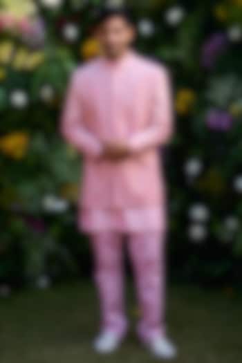 Coral Pink Raw Silk Thread Embroidered Wedding Bandhgala Set by Shyam Narayan Prasad Men at Pernia's Pop Up Shop