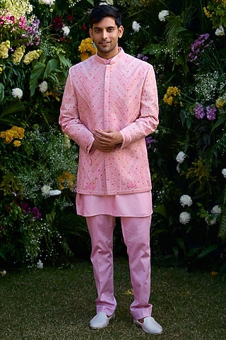 Coral Pink Raw Silk Thread Embroidered Bandhgala Set by Shyam Narayan Prasad Men