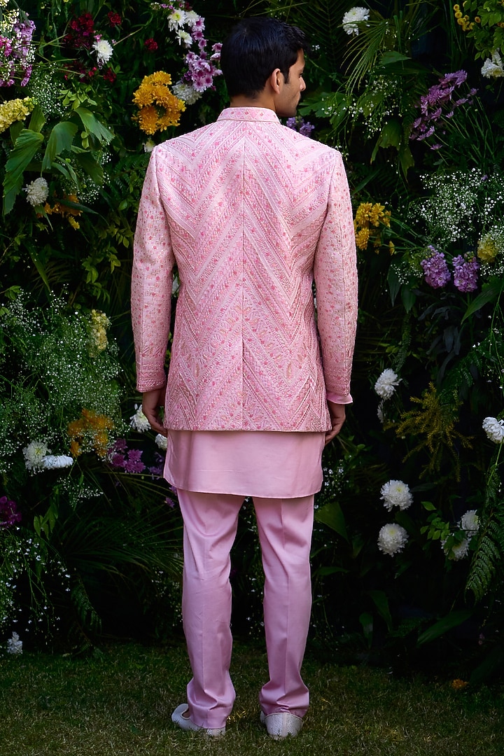 Coral Pink Raw Silk Thread Embroidered Wedding Bandhgala Set by Shyam Narayan Prasad Men at Pernia's Pop Up Shop