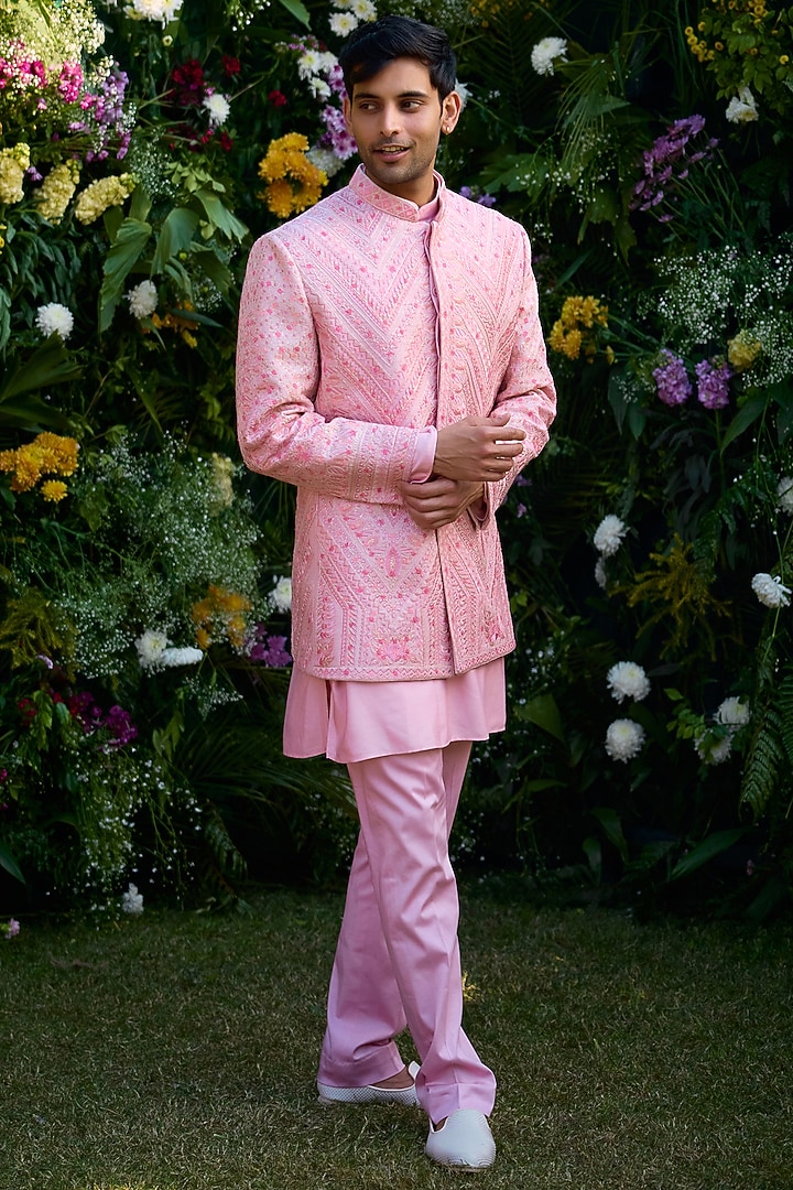Coral Pink Raw Silk Thread Embroidered Wedding Bandhgala Set by Shyam Narayan Prasad Men at Pernia's Pop Up Shop