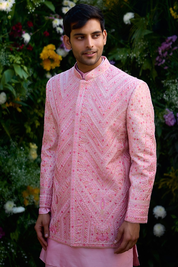 Coral Pink Raw Silk Thread Embroidered Wedding Bandhgala Set by Shyam Narayan Prasad Men at Pernia's Pop Up Shop