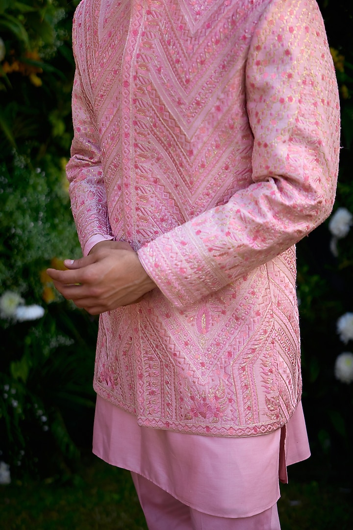 Coral Pink Raw Silk Thread Embroidered Wedding Bandhgala Set by Shyam Narayan Prasad Men at Pernia's Pop Up Shop