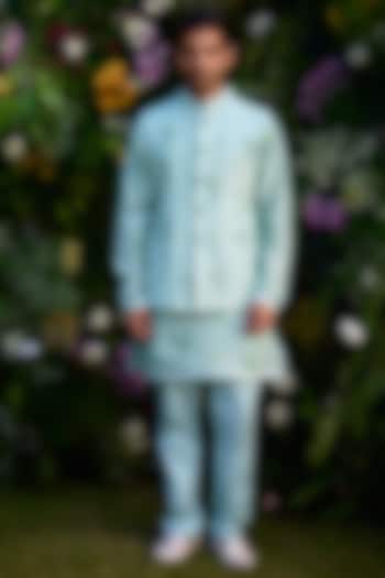 Aqua Blue Chanderi Handblock Printed Bundi Jacket Set by Shyam Narayan Prasad Men at Pernia's Pop Up Shop