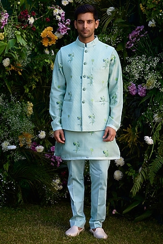 Aqua Blue Chanderi Handblock Printed Bundi Jacket Set by Shyam Narayan Prasad Men