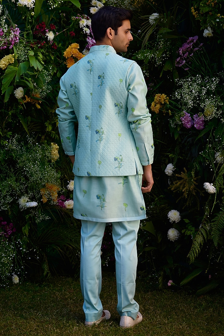 Aqua Blue Chanderi Handblock Printed Bundi Jacket Set by Shyam Narayan Prasad Men at Pernia's Pop Up Shop