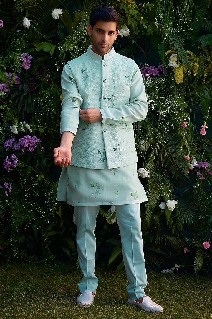 Aqua Blue Chanderi Handblock Printed Bundi Jacket Set by Shyam Narayan Prasad Men at Pernia's Pop Up Shop