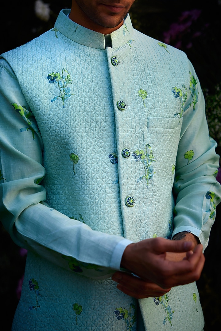 Aqua Blue Chanderi Handblock Printed Bundi Jacket Set by Shyam Narayan Prasad Men at Pernia's Pop Up Shop