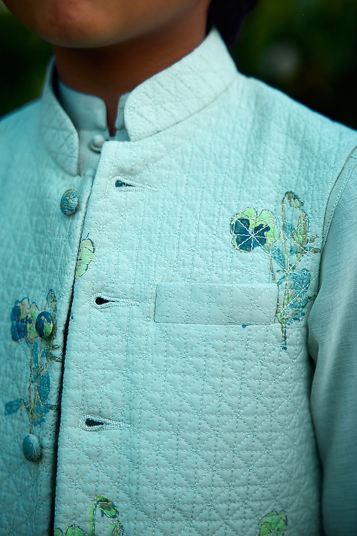 Aqua Blue Chanderi Handblock Printed Bundi Jacket Set by Shyam Narayan Prasad Men at Pernia's Pop Up Shop