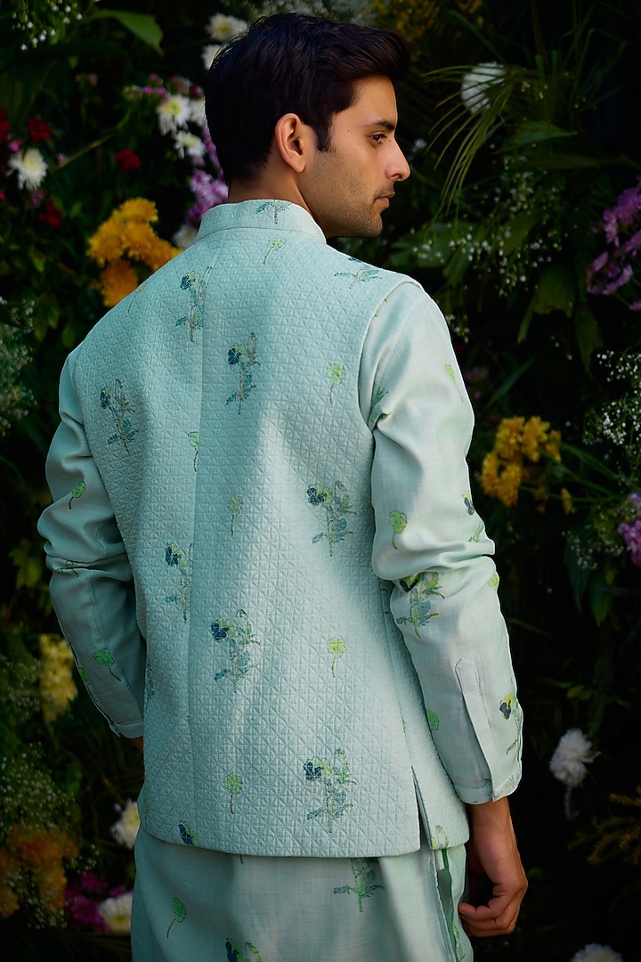 Aqua Blue Chanderi Handblock Printed Bundi Jacket Set by Shyam Narayan Prasad Men at Pernia's Pop Up Shop