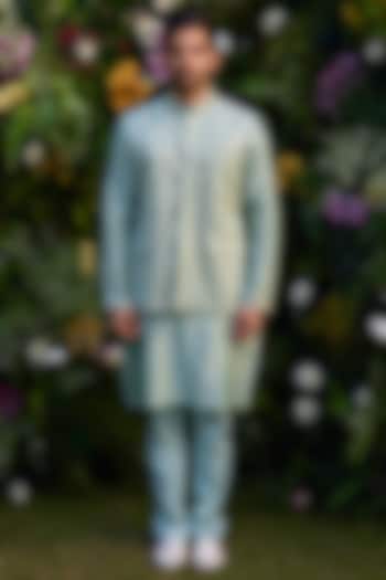 Smoke Green Cotton Silk & Chanderi Handblock Printed Bundi Jacket Set by Shyam Narayan Prasad Men at Pernia's Pop Up Shop