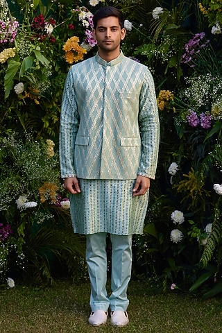 Smoke Green Cotton Silk & Chanderi Handblock Printed Bundi Jacket Set by Shyam Narayan Prasad Men