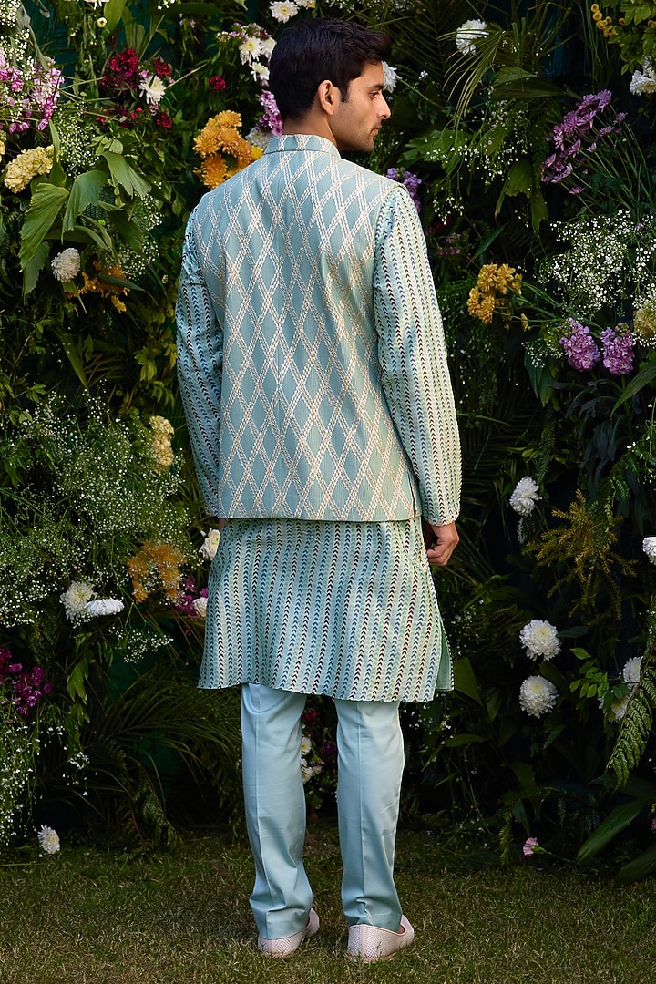 Smoke Green Cotton Silk & Chanderi Handblock Printed Bundi Jacket Set by Shyam Narayan Prasad Men at Pernia's Pop Up Shop