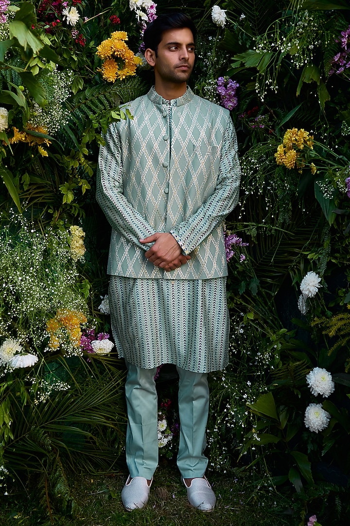 Smoke Green Cotton Silk & Chanderi Handblock Printed Bundi Jacket Set by Shyam Narayan Prasad Men at Pernia's Pop Up Shop