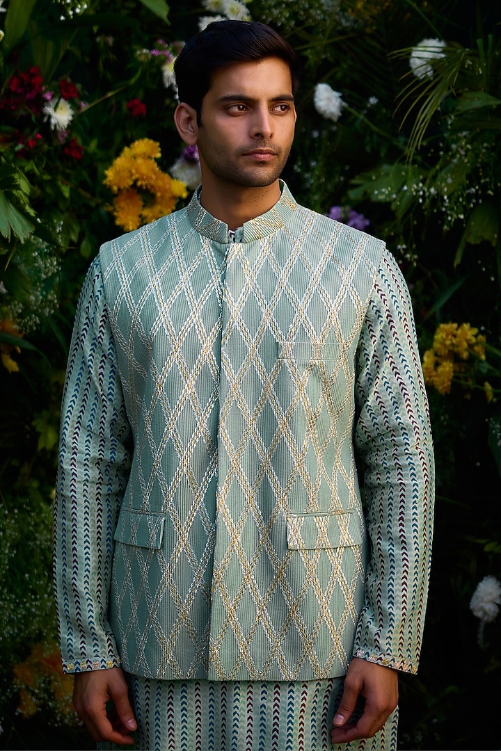 Smoke Green Cotton Silk & Chanderi Handblock Printed Bundi Jacket Set by Shyam Narayan Prasad Men at Pernia's Pop Up Shop