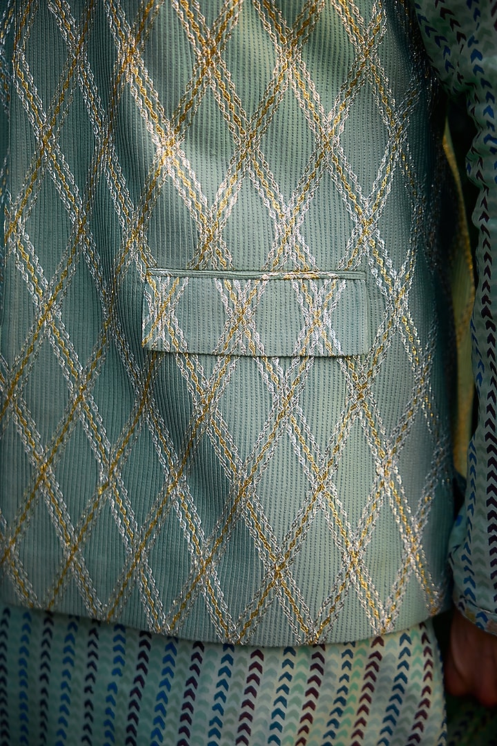 Smoke Green Cotton Silk & Chanderi Handblock Printed Bundi Jacket Set by Shyam Narayan Prasad Men at Pernia's Pop Up Shop
