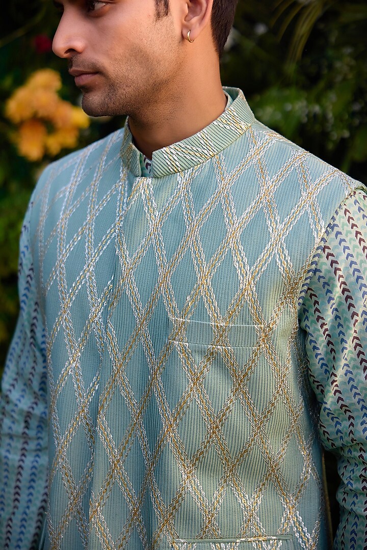 Smoke Green Cotton Silk & Chanderi Handblock Printed Bundi Jacket Set by Shyam Narayan Prasad Men at Pernia's Pop Up Shop
