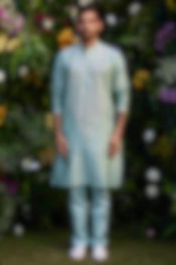 Smoke Green Cotton Silk & Chanderi Handblock Printed Kurta Set by Shyam Narayan Prasad Men at Pernia's Pop Up Shop