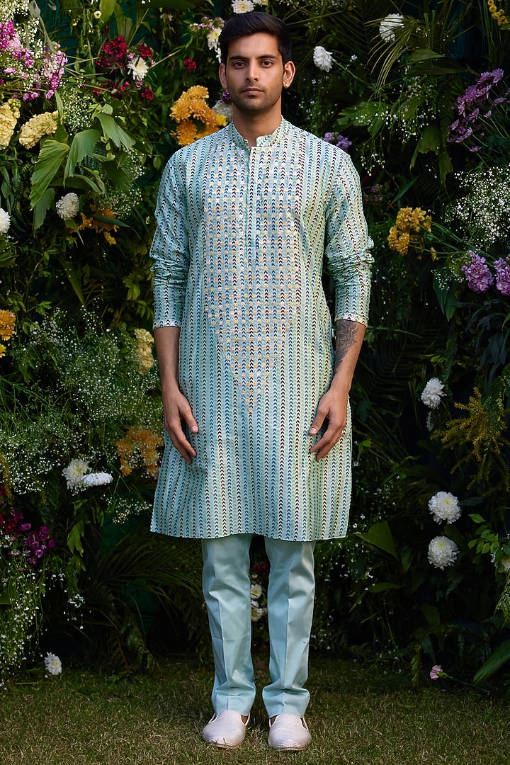 Smoke Green Cotton Silk & Chanderi Handblock Printed Kurta Set by Shyam Narayan Prasad Men at Pernia's Pop Up Shop