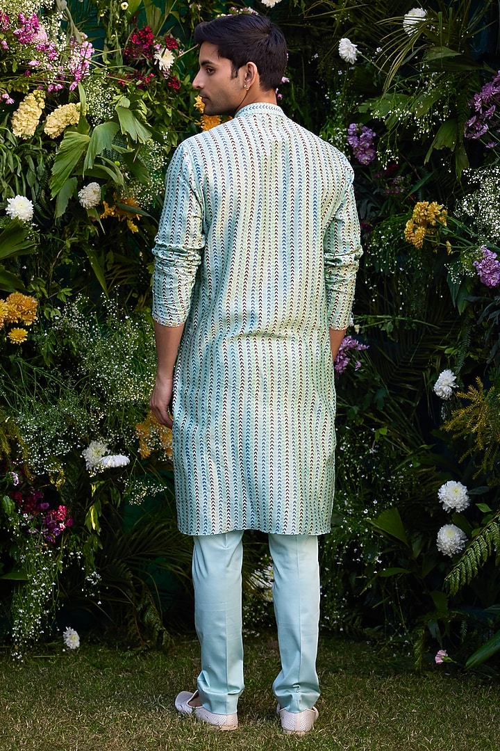 Smoke Green Cotton Silk & Chanderi Handblock Printed Kurta Set by Shyam Narayan Prasad Men at Pernia's Pop Up Shop