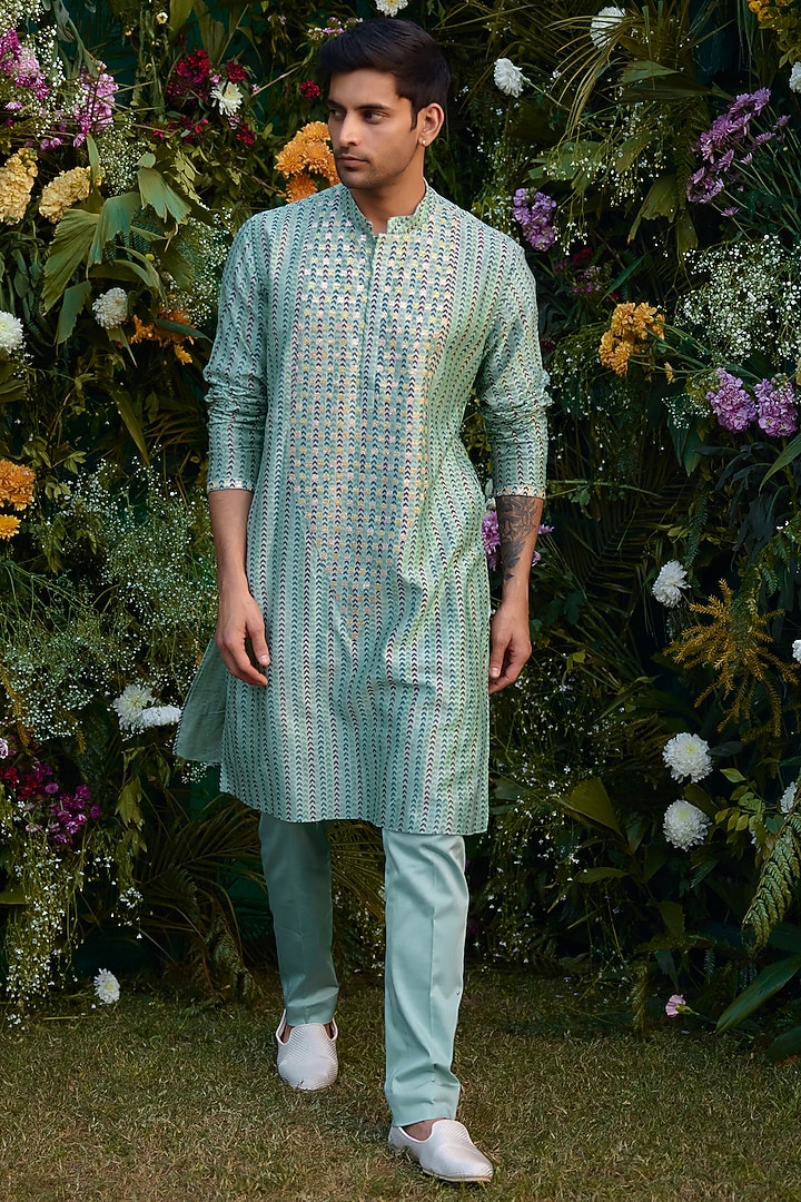 Smoke Green Cotton Silk & Chanderi Handblock Printed Kurta Set by Shyam Narayan Prasad Men at Pernia's Pop Up Shop