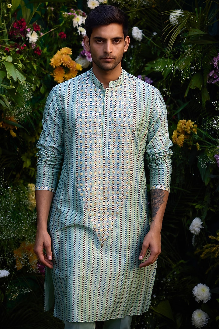 Smoke Green Cotton Silk & Chanderi Handblock Printed Kurta Set by Shyam Narayan Prasad Men at Pernia's Pop Up Shop