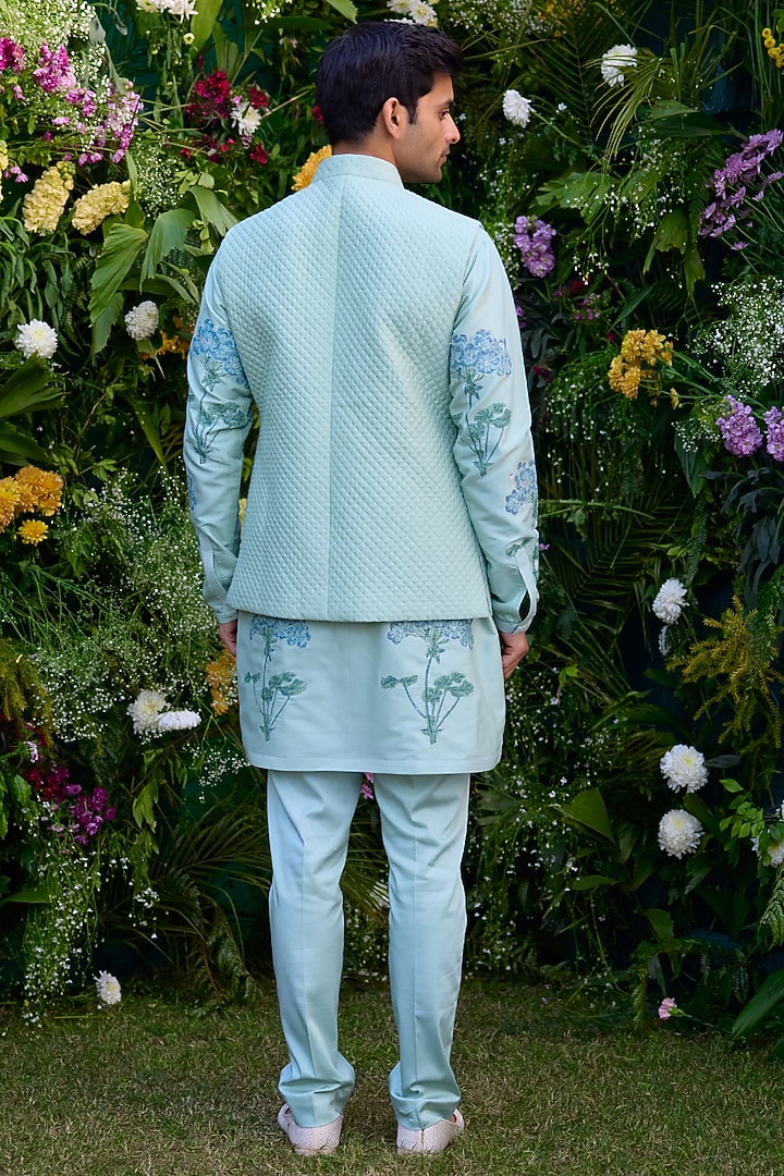 Illusion Blue Chanderi Handblock Printed Bundi Jacket Set by Shyam Narayan Prasad Men at Pernia's Pop Up Shop