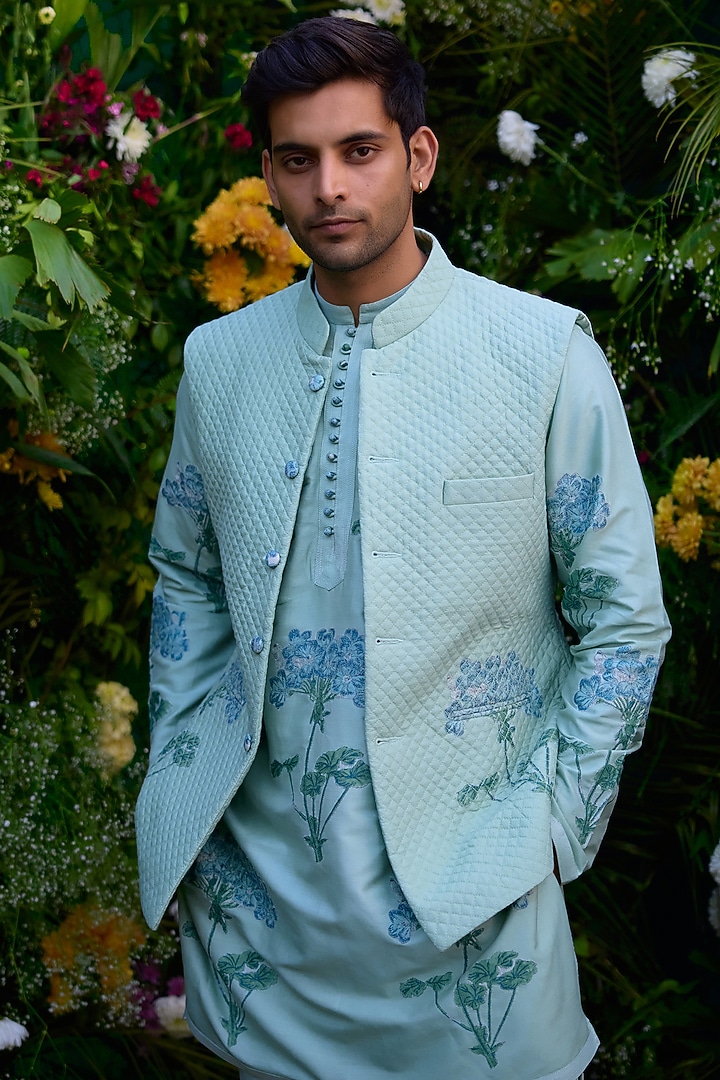 Illusion Blue Chanderi Handblock Printed Bundi Jacket Set by Shyam Narayan Prasad Men at Pernia's Pop Up Shop