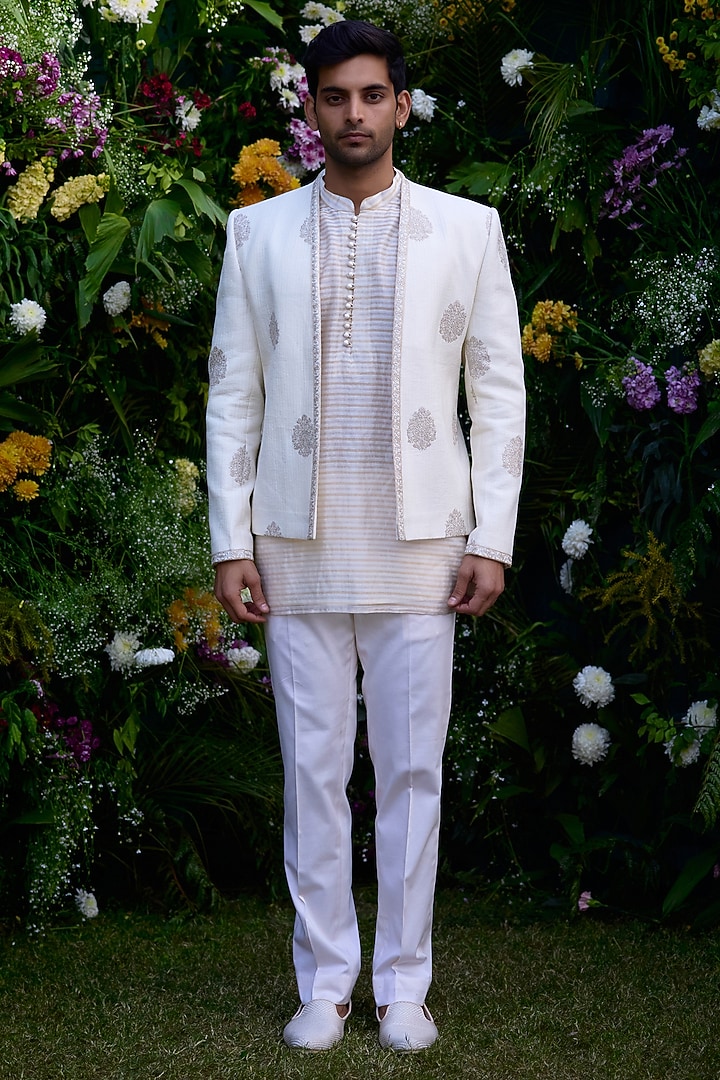 Pristine White Silk Chanderi Zari Embroidered Jacket Set by Shyam Narayan Prasad Men at Pernia's Pop Up Shop