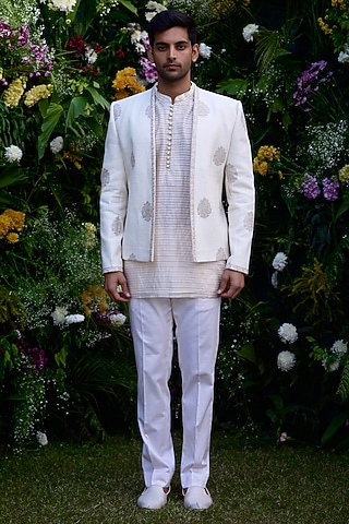 Pristine White Silk Chanderi Zari Embroidered Jacket Set by Shyam Narayan Prasad Men