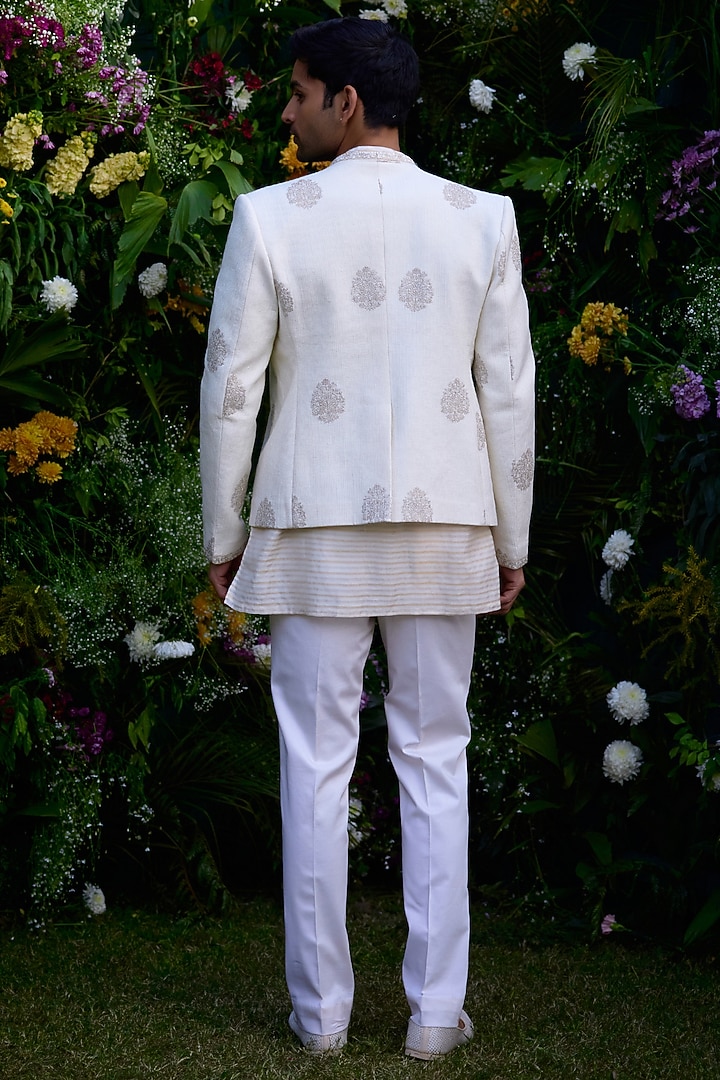 Pristine White Silk Chanderi Zari Embroidered Jacket Set by Shyam Narayan Prasad Men at Pernia's Pop Up Shop