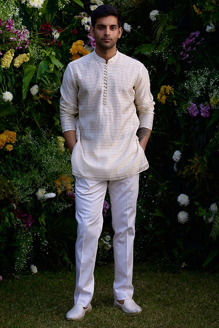 Pristine White Silk Chanderi Zari Embroidered Jacket Set by Shyam Narayan Prasad Men at Pernia's Pop Up Shop