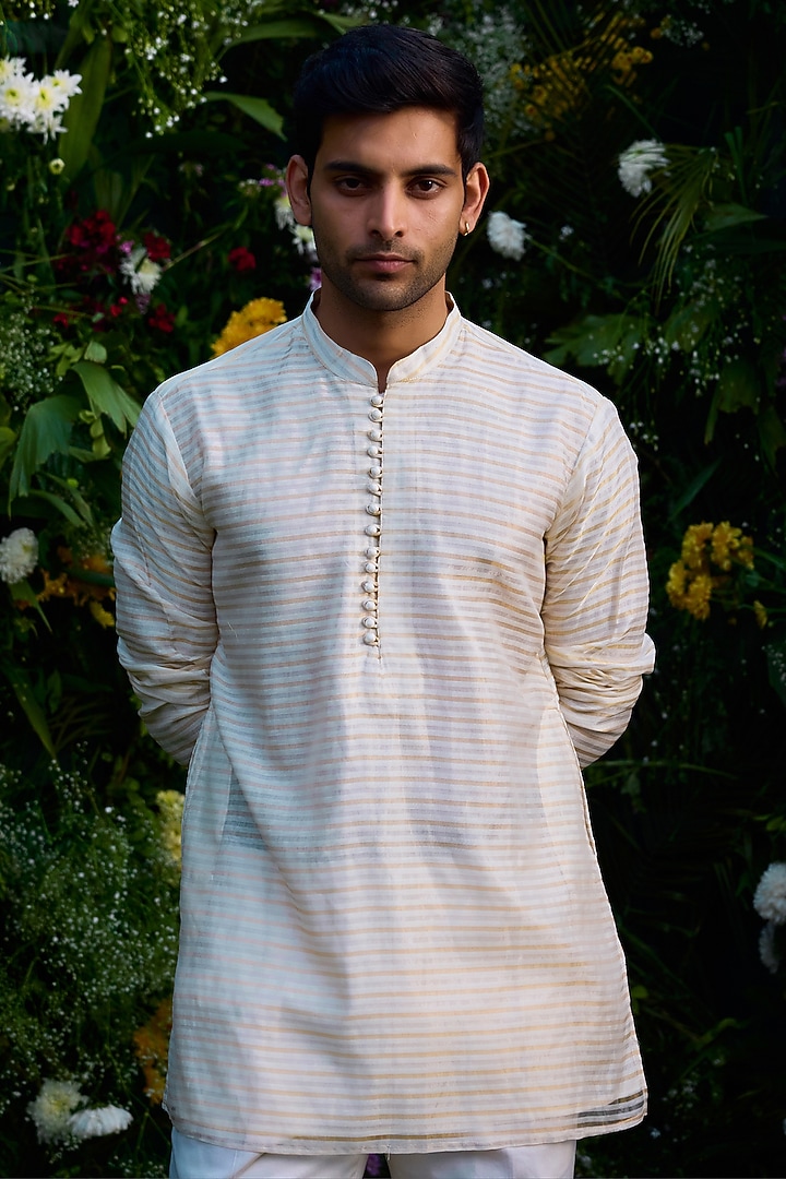 Pristine White Silk Chanderi Zari Embroidered Jacket Set by Shyam Narayan Prasad Men at Pernia's Pop Up Shop