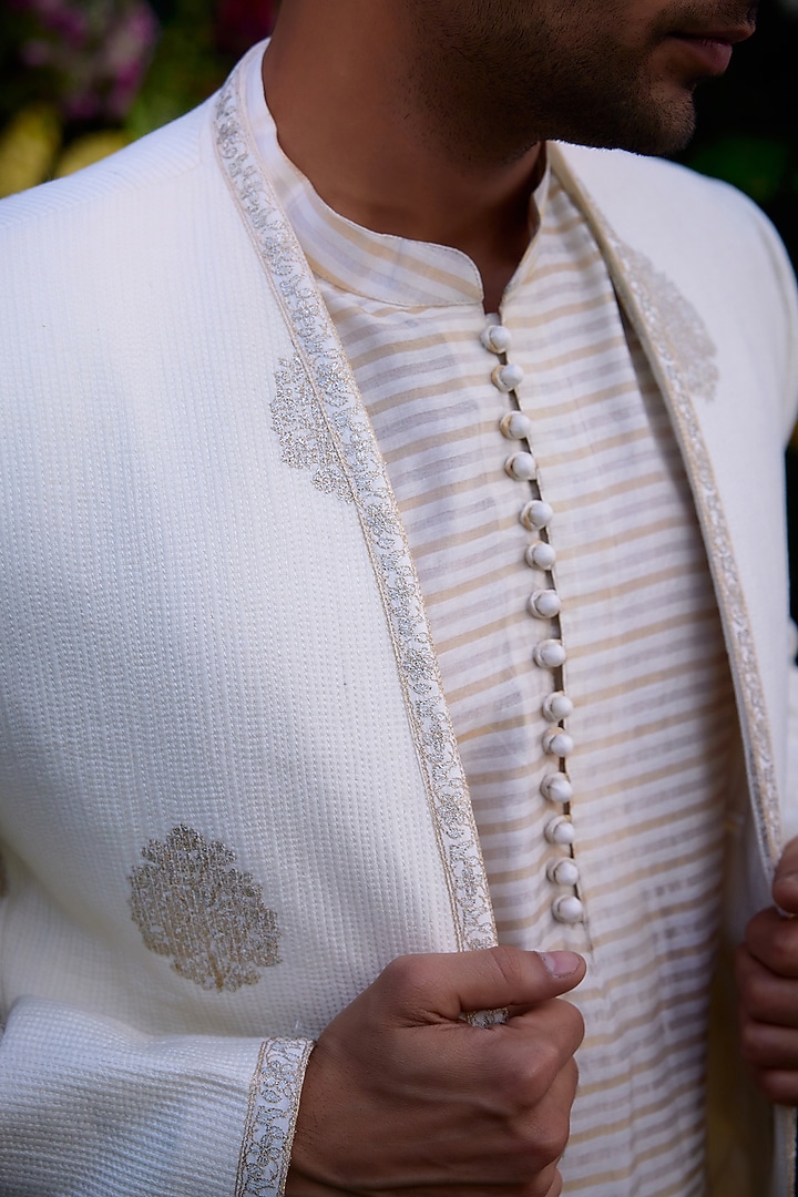 Pristine White Silk Chanderi Zari Embroidered Jacket Set by Shyam Narayan Prasad Men at Pernia's Pop Up Shop