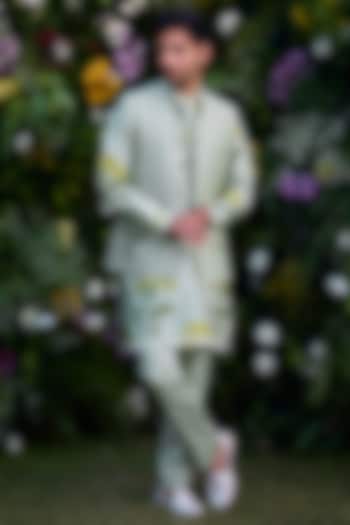 Mist Green Chanderi Handblock Printed Bundi Jacket Set by Shyam Narayan Prasad Men at Pernia's Pop Up Shop
