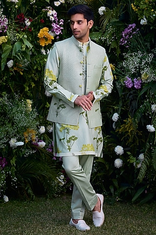 Mist Green Chanderi Handblock Printed Bundi Jacket Set by Shyam Narayan Prasad Men