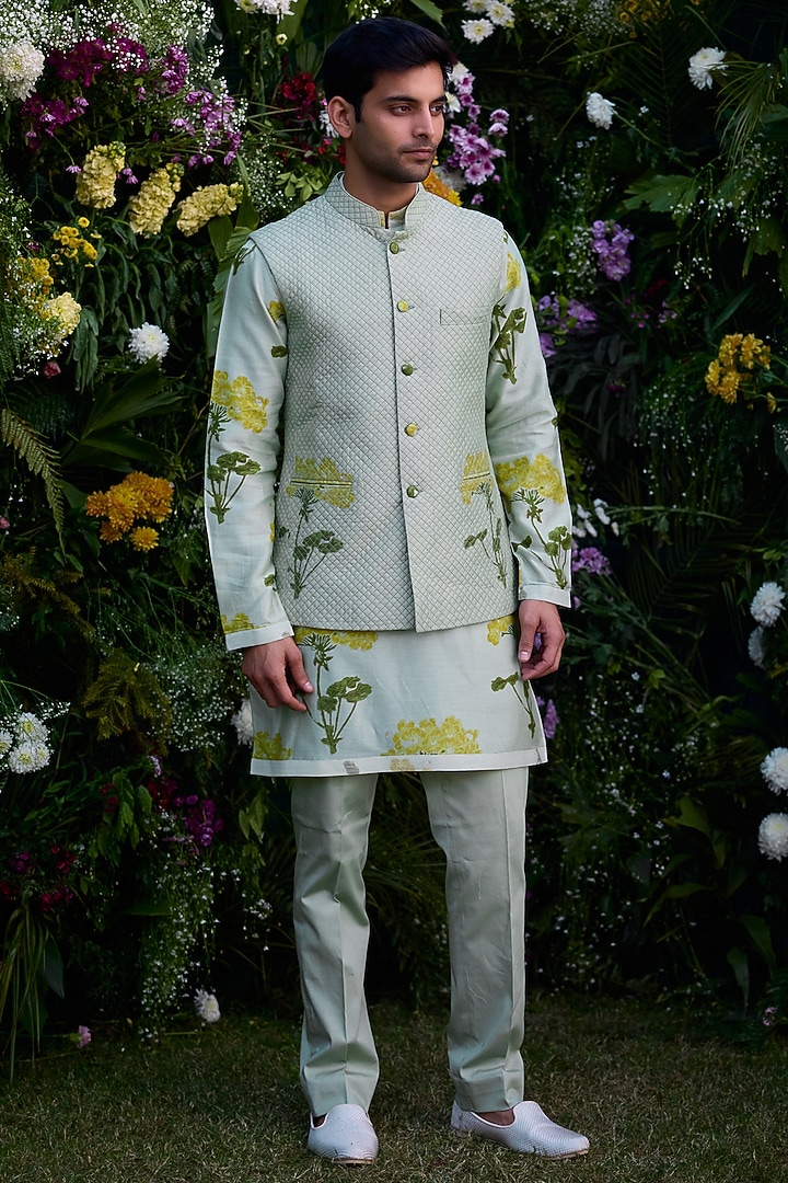Mist Green Chanderi Handblock Printed Bundi Jacket Set by Shyam Narayan Prasad Men at Pernia's Pop Up Shop
