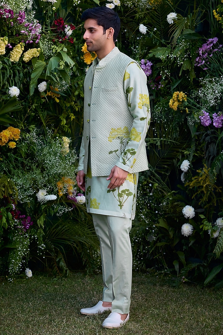 Mist Green Chanderi Handblock Printed Bundi Jacket Set by Shyam Narayan Prasad Men at Pernia's Pop Up Shop
