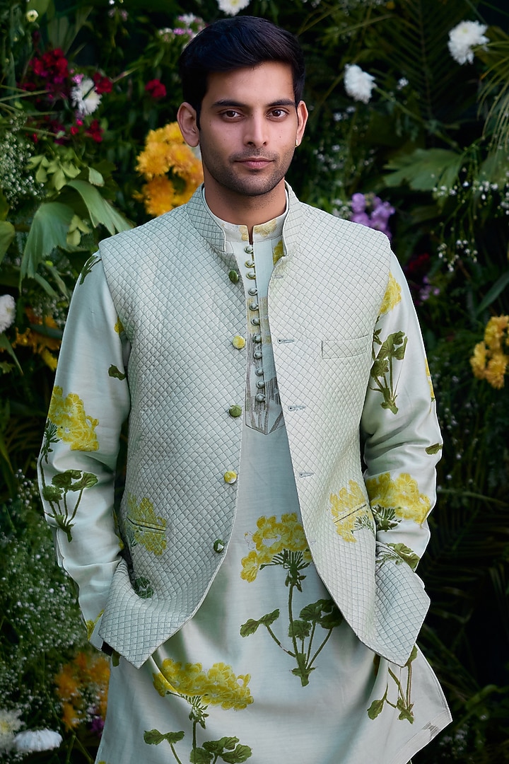 Mist Green Chanderi Handblock Printed Bundi Jacket Set by Shyam Narayan Prasad Men at Pernia's Pop Up Shop