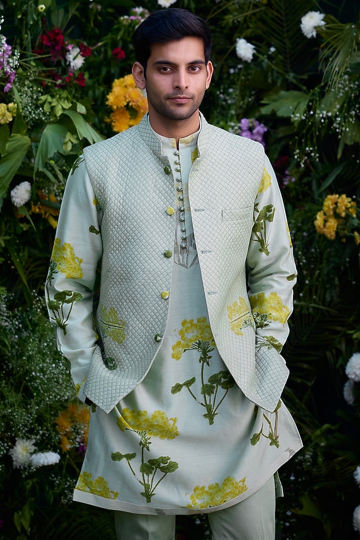 Mist Green Chanderi Handblock Printed Bundi Jacket Set by Shyam Narayan Prasad Men at Pernia's Pop Up Shop