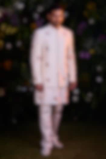 White Silk Chanderi Handblock Printed Jacket Set by Shyam Narayan Prasad Men at Pernia's Pop Up Shop