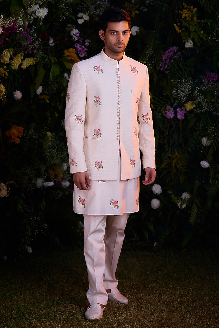 White Silk Chanderi Handblock Printed Jacket Set by Shyam Narayan Prasad Men at Pernia's Pop Up Shop
