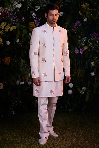 White Silk Chanderi Handblock Printed Jacket Set by Shyam Narayan Prasad Men