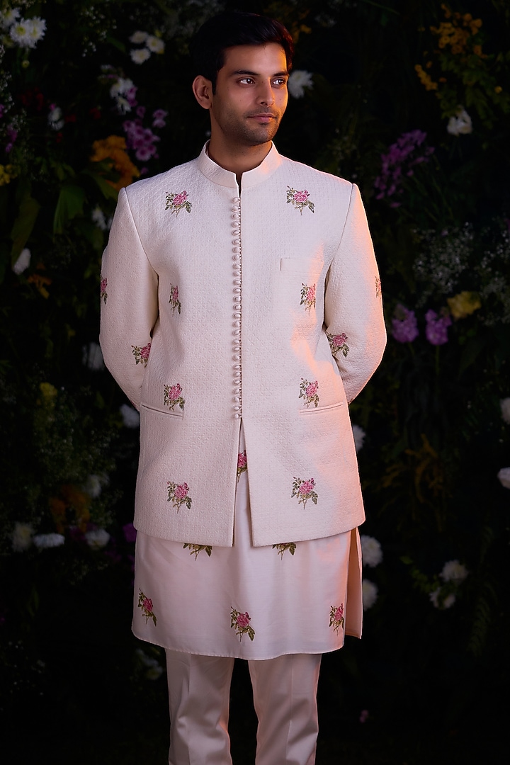 White Silk Chanderi Handblock Printed Jacket Set by Shyam Narayan Prasad Men at Pernia's Pop Up Shop