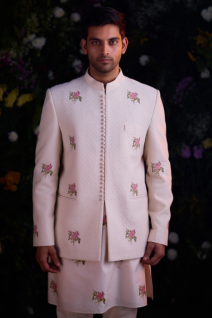 White Silk Chanderi Handblock Printed Jacket Set by Shyam Narayan Prasad Men at Pernia's Pop Up Shop