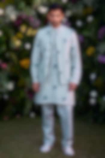 Illusion Blue Chanderi Handblock Printed Bundi Jacket Set by Shyam Narayan Prasad Men at Pernia's Pop Up Shop