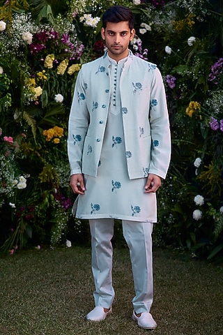 Illusion Blue Chanderi Handblock Printed Bundi Jacket Set by Shyam Narayan Prasad Men